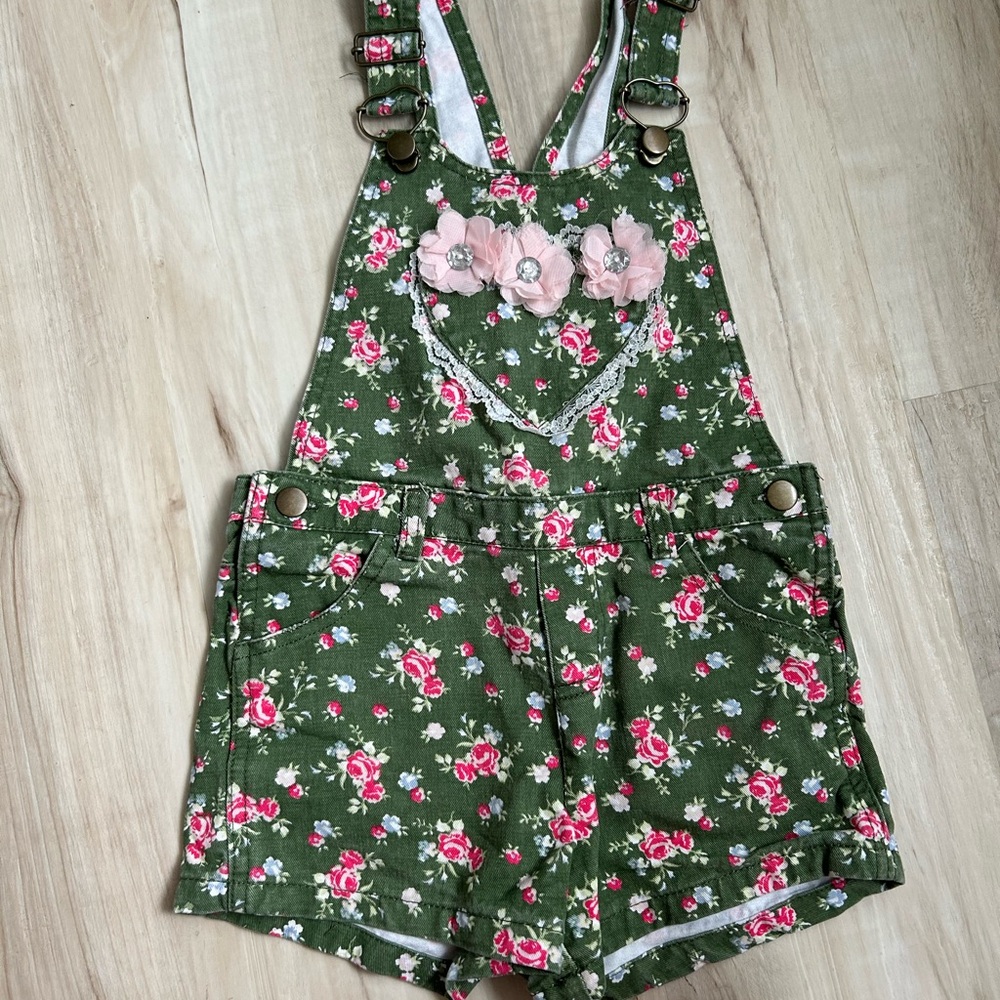 Floral Green Kids Overalls